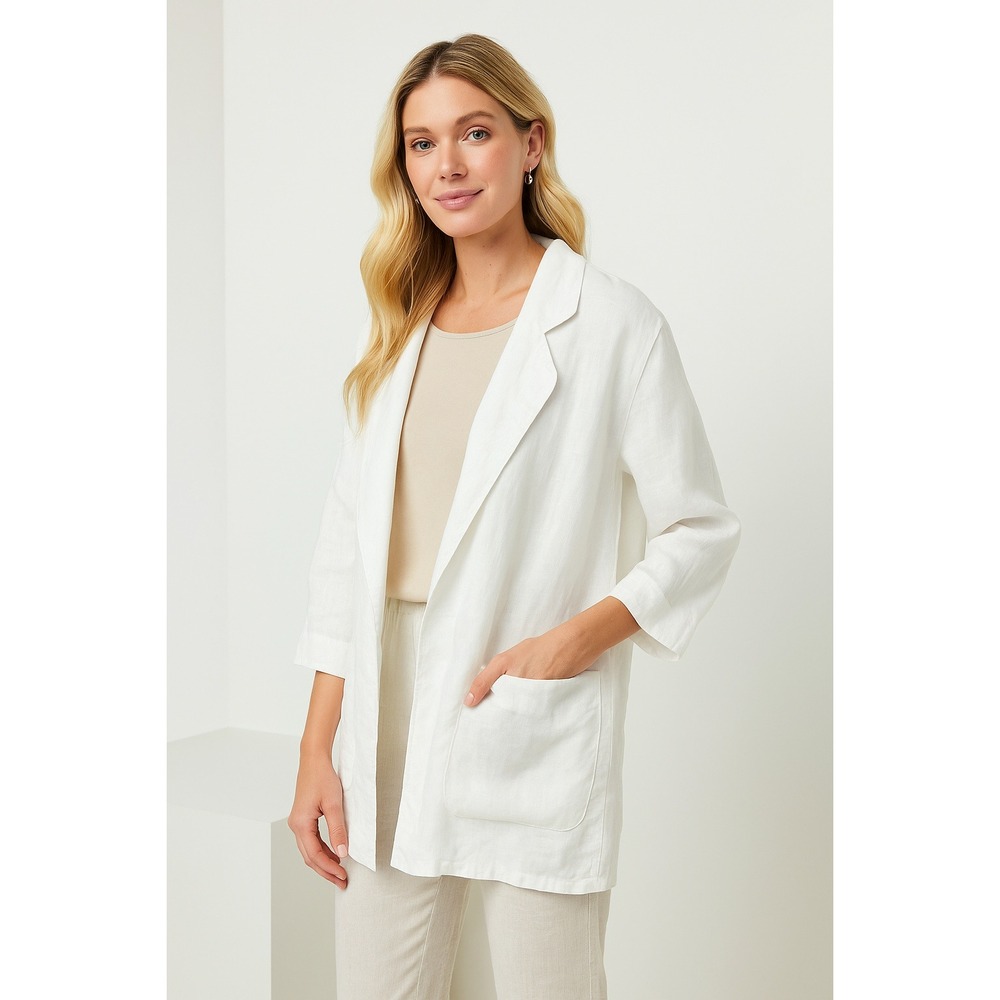 Linen Blanc 100% Linen Open Front Drape Jacket White Oversized Blazer Size US 2X